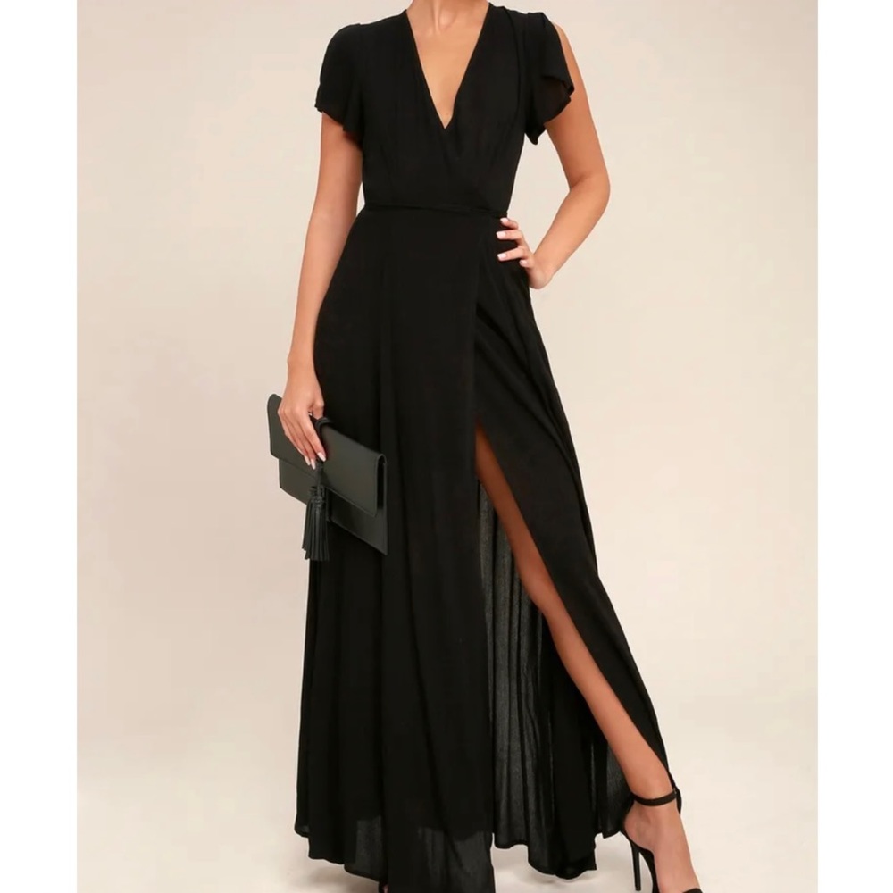 Lulu’s Heart of Marigold Black Wrap Maxi Dress with Flutter Sleeves